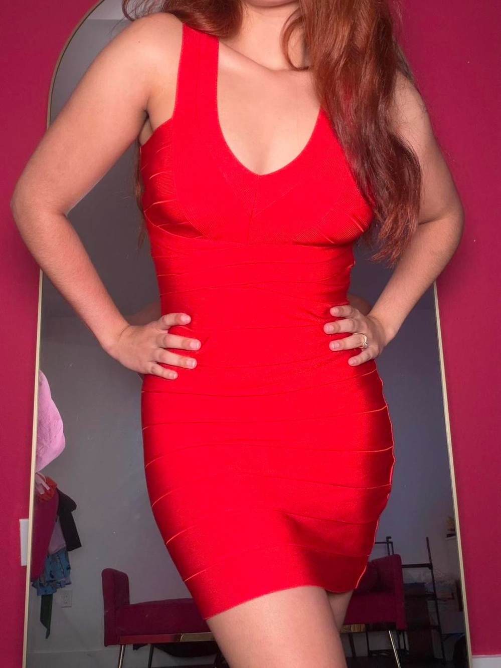 bebe Vibrant Red Bandage V-Neck Mini Dress